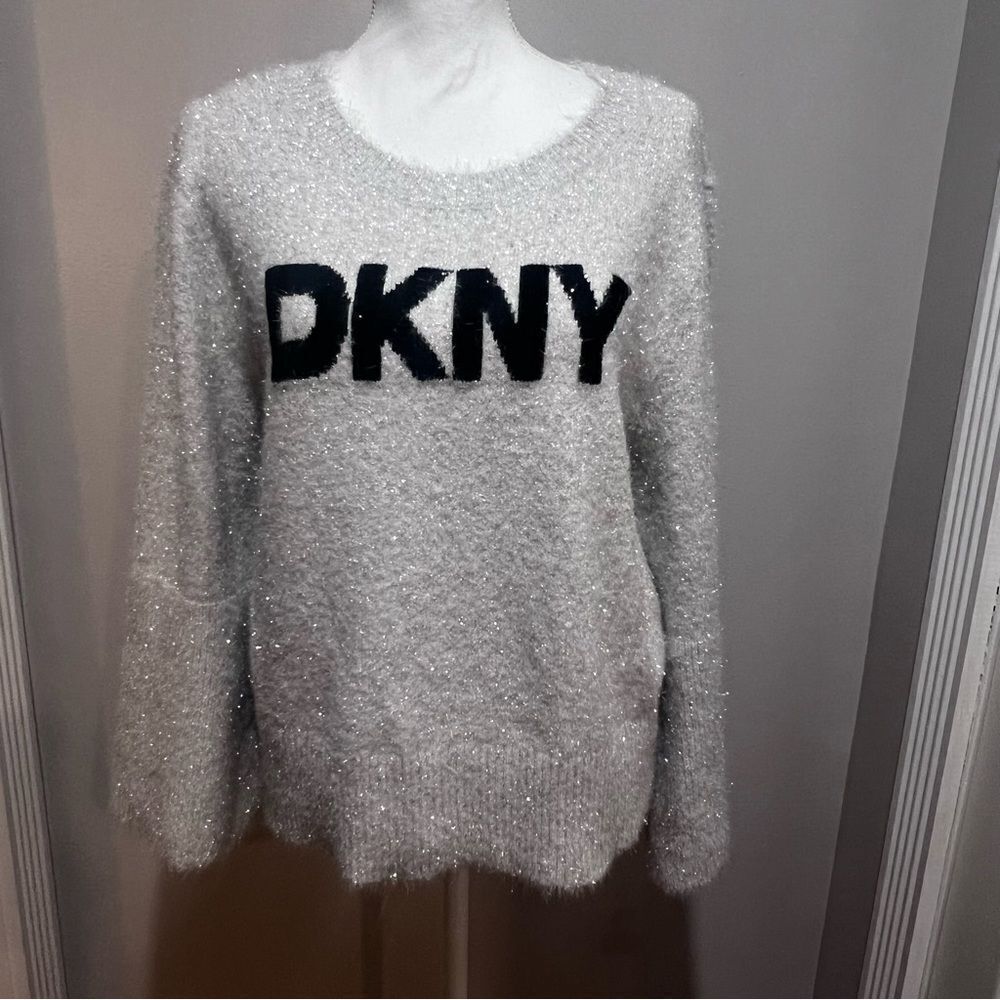 NWT DKNY Metallic Sweater womens size XL with bell sleeves in gray and black